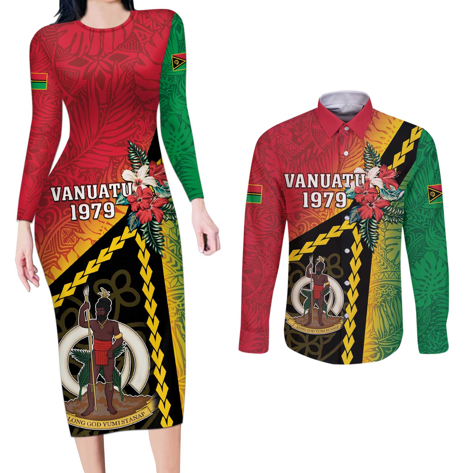 Happy Vanuatu Constitution Day Couples Matching Long Sleeve Bodycon Dress and Long Sleeve Button Shirt Flag Style With Sand Drawing Pattern