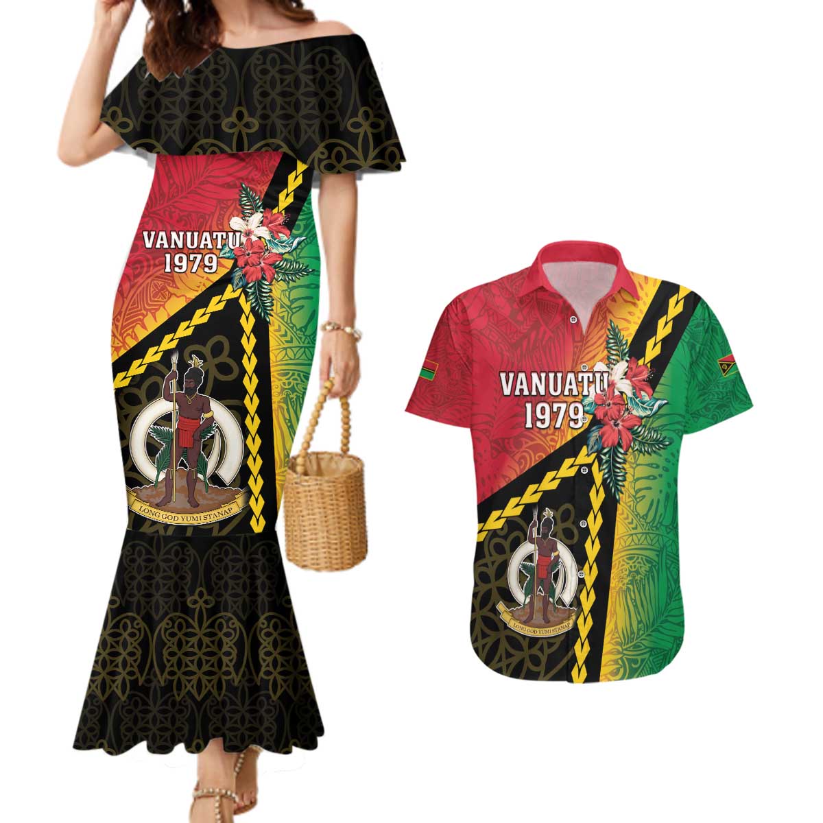 Happy Vanuatu Constitution Day Couples Matching Mermaid Dress and Hawaiian Shirt Flag Style With Sand Drawing Pattern