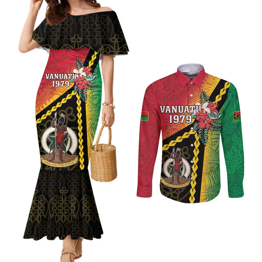 Happy Vanuatu Constitution Day Couples Matching Mermaid Dress and Long Sleeve Button Shirt Flag Style With Sand Drawing Pattern LT05 Red - Polynesian Pride