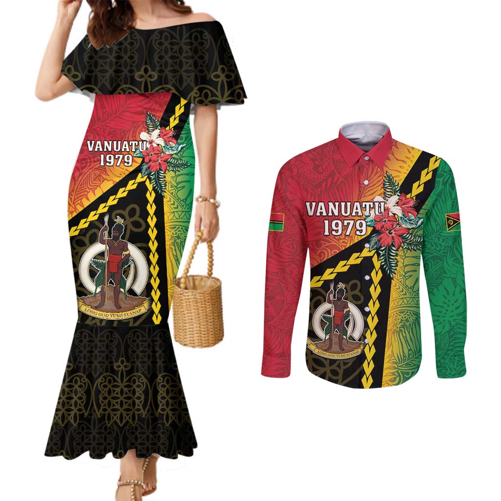 Happy Vanuatu Constitution Day Couples Matching Mermaid Dress and Long Sleeve Button Shirt Flag Style With Sand Drawing Pattern