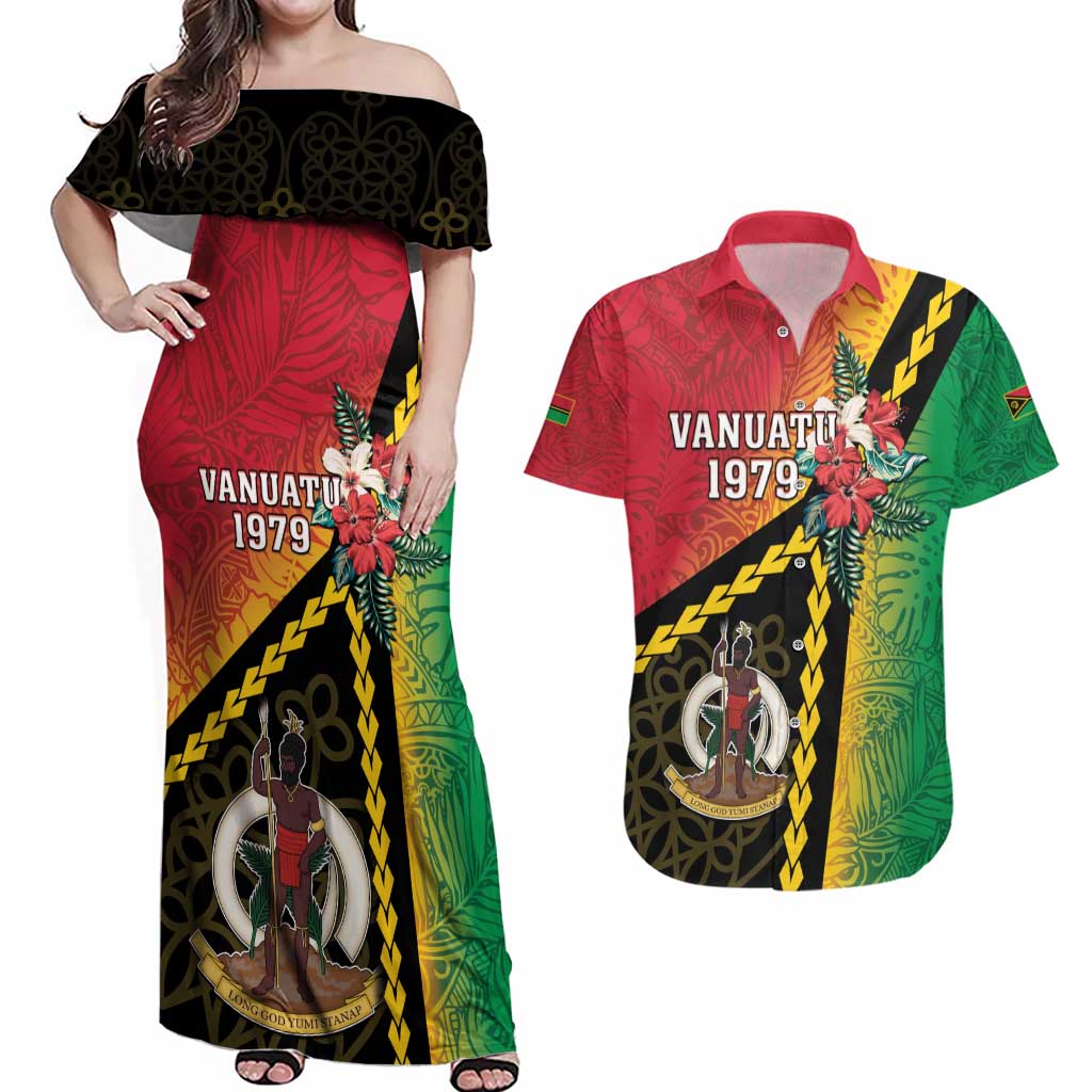 Happy Vanuatu Constitution Day Couples Matching Off Shoulder Maxi Dress and Hawaiian Shirt Flag Style With Sand Drawing Pattern