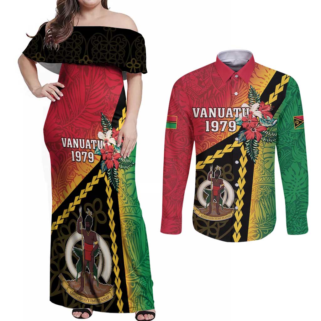 Happy Vanuatu Constitution Day Couples Matching Off Shoulder Maxi Dress and Long Sleeve Button Shirt Flag Style With Sand Drawing Pattern LT05 Red - Polynesian Pride
