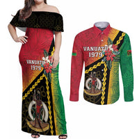 Happy Vanuatu Constitution Day Couples Matching Off Shoulder Maxi Dress and Long Sleeve Button Shirt Flag Style With Sand Drawing Pattern LT05 Red - Polynesian Pride