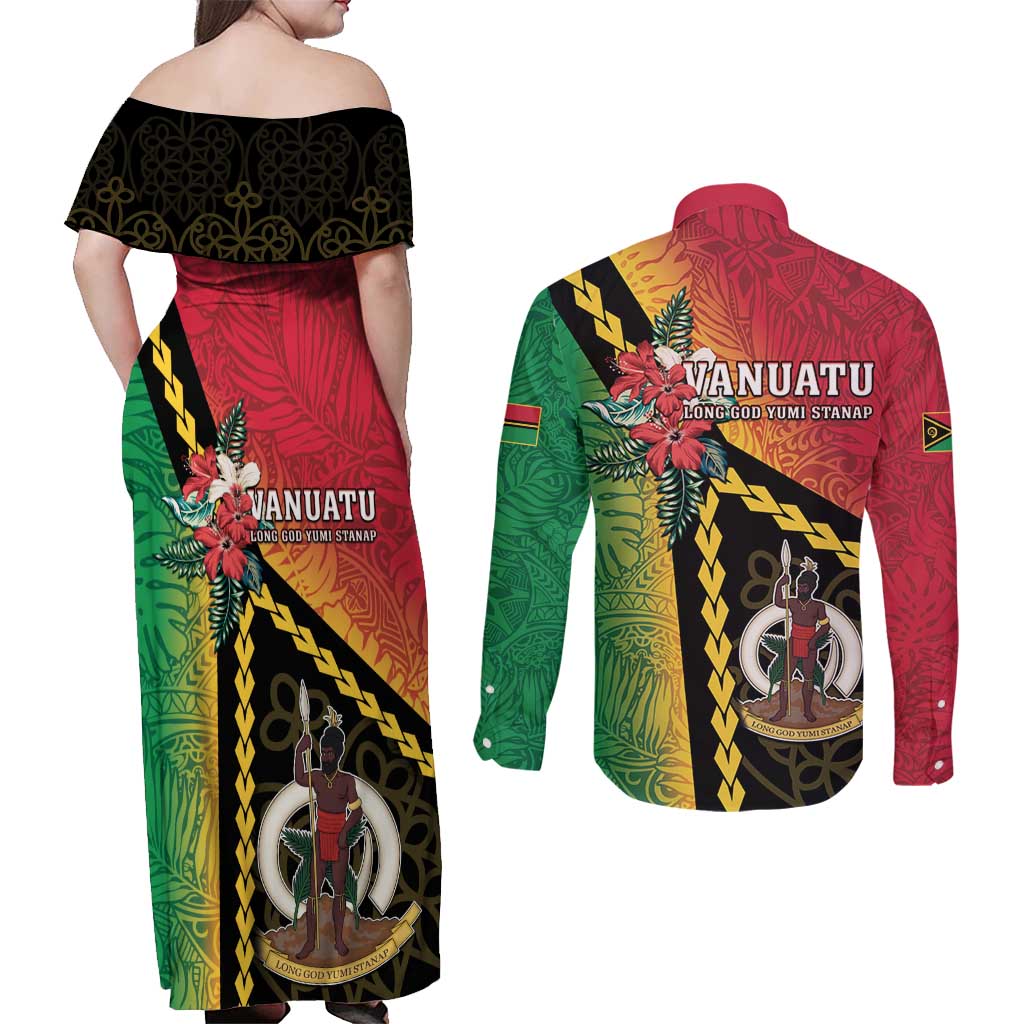 Happy Vanuatu Constitution Day Couples Matching Off Shoulder Maxi Dress and Long Sleeve Button Shirt Flag Style With Sand Drawing Pattern LT05 - Polynesian Pride