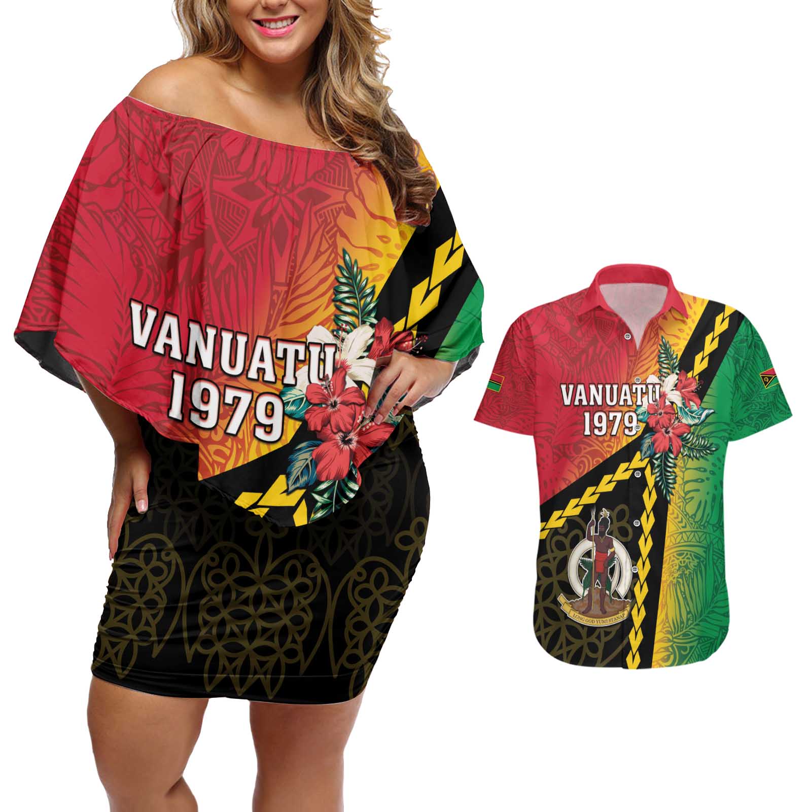 Happy Vanuatu Constitution Day Couples Matching Off Shoulder Short Dress and Hawaiian Shirt Flag Style With Sand Drawing Pattern