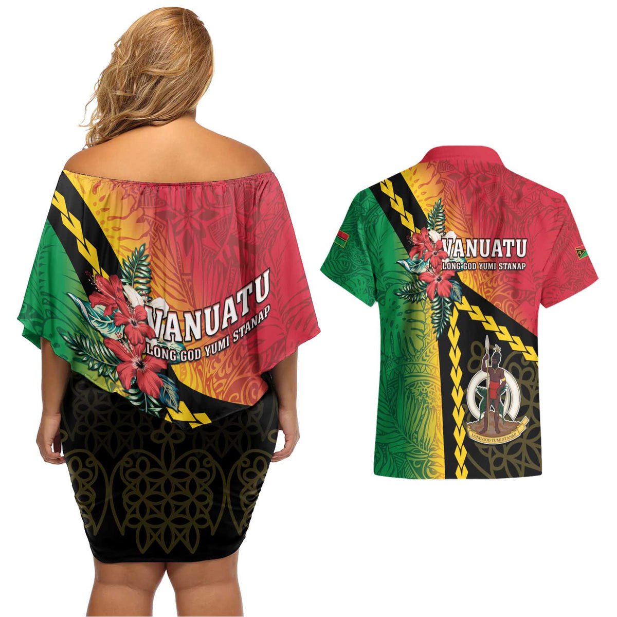 Happy Vanuatu Constitution Day Couples Matching Off Shoulder Short Dress and Hawaiian Shirt Flag Style With Sand Drawing Pattern LT05 - Polynesian Pride