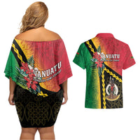 Happy Vanuatu Constitution Day Couples Matching Off Shoulder Short Dress and Hawaiian Shirt Flag Style With Sand Drawing Pattern LT05 - Polynesian Pride