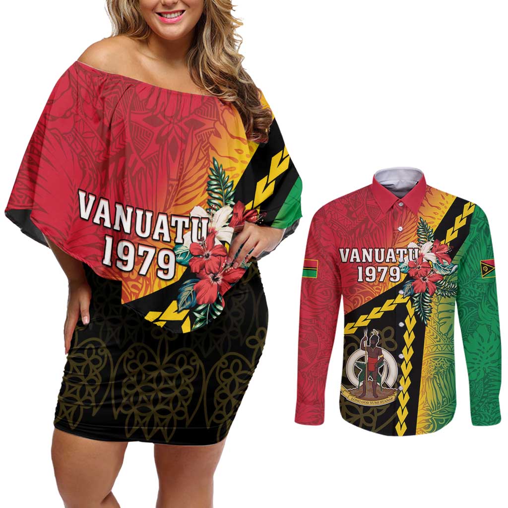 Happy Vanuatu Constitution Day Couples Matching Off Shoulder Short Dress and Long Sleeve Button Shirt Flag Style With Sand Drawing Pattern LT05 Red - Polynesian Pride
