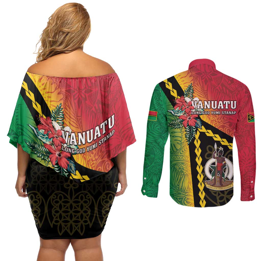 Happy Vanuatu Constitution Day Couples Matching Off Shoulder Short Dress and Long Sleeve Button Shirt Flag Style With Sand Drawing Pattern LT05 - Polynesian Pride
