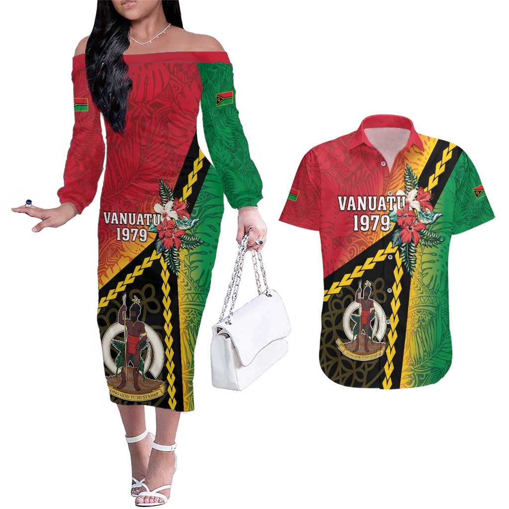 Happy Vanuatu Constitution Day Couples Matching Off The Shoulder Long Sleeve Dress and Hawaiian Shirt Flag Style With Sand Drawing Pattern