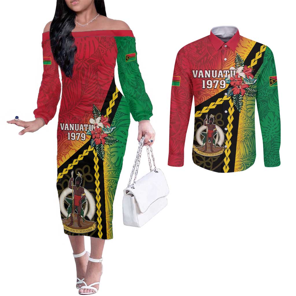 Happy Vanuatu Constitution Day Couples Matching Off The Shoulder Long Sleeve Dress and Long Sleeve Button Shirt Flag Style With Sand Drawing Pattern