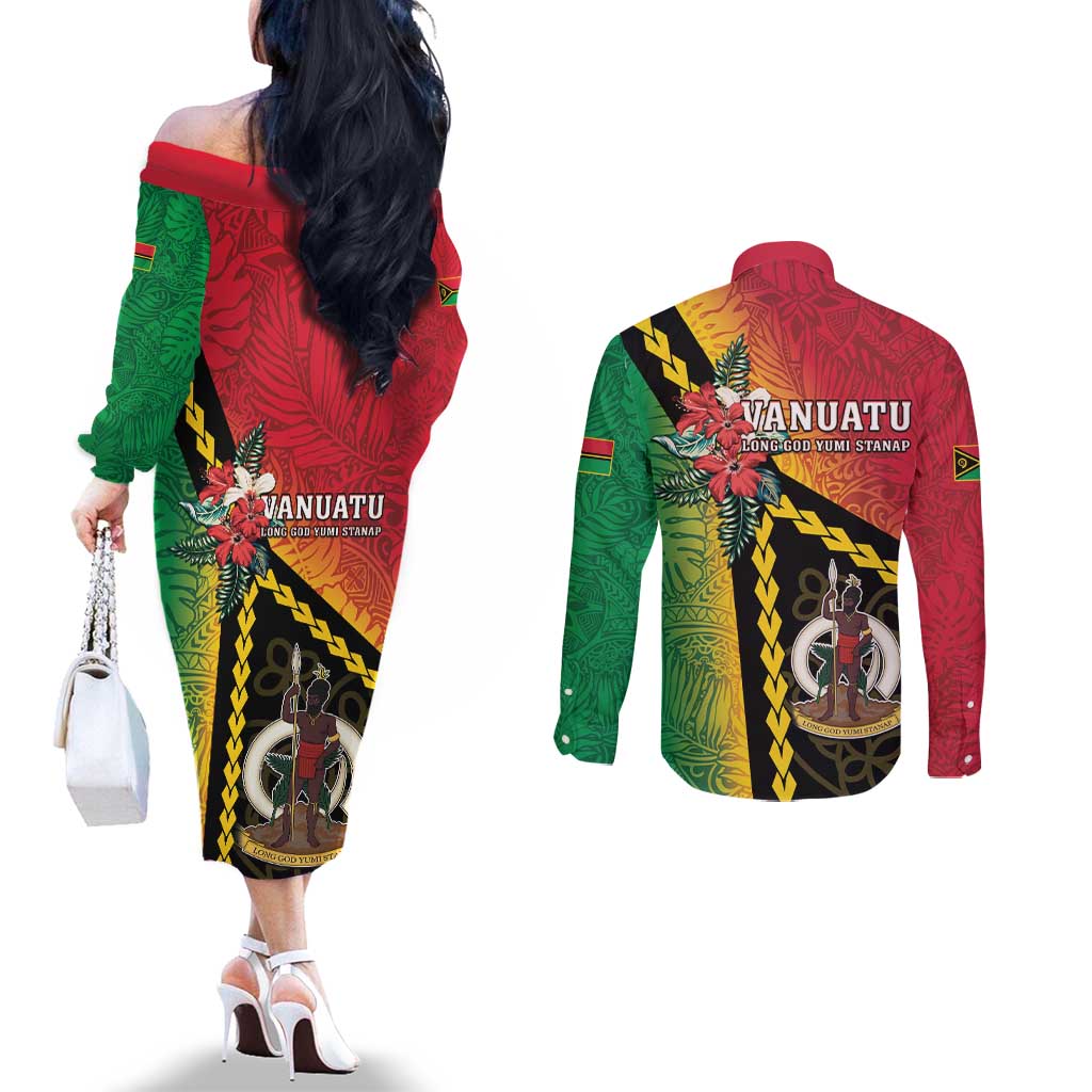 Happy Vanuatu Constitution Day Couples Matching Off The Shoulder Long Sleeve Dress and Long Sleeve Button Shirt Flag Style With Sand Drawing Pattern LT05 - Polynesian Pride