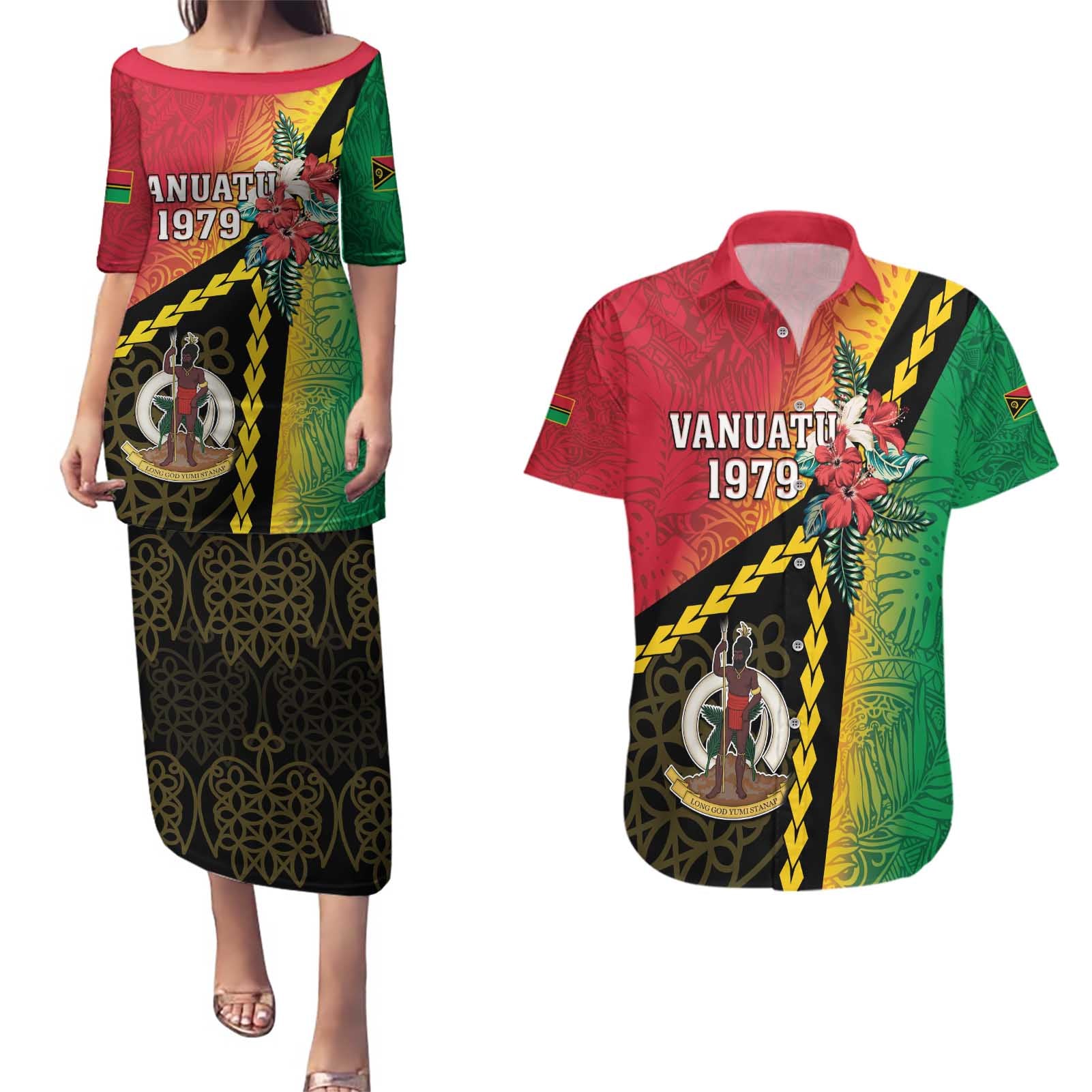 Happy Vanuatu Constitution Day Couples Matching Puletasi and Hawaiian Shirt Flag Style With Sand Drawing Pattern