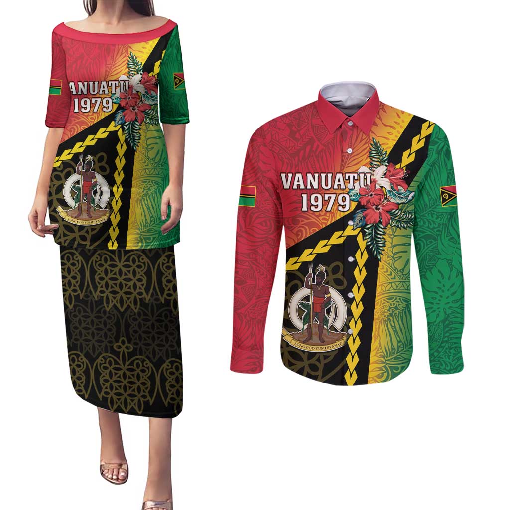 Happy Vanuatu Constitution Day Couples Matching Puletasi and Long Sleeve Button Shirt Flag Style With Sand Drawing Pattern LT05 Red - Polynesian Pride
