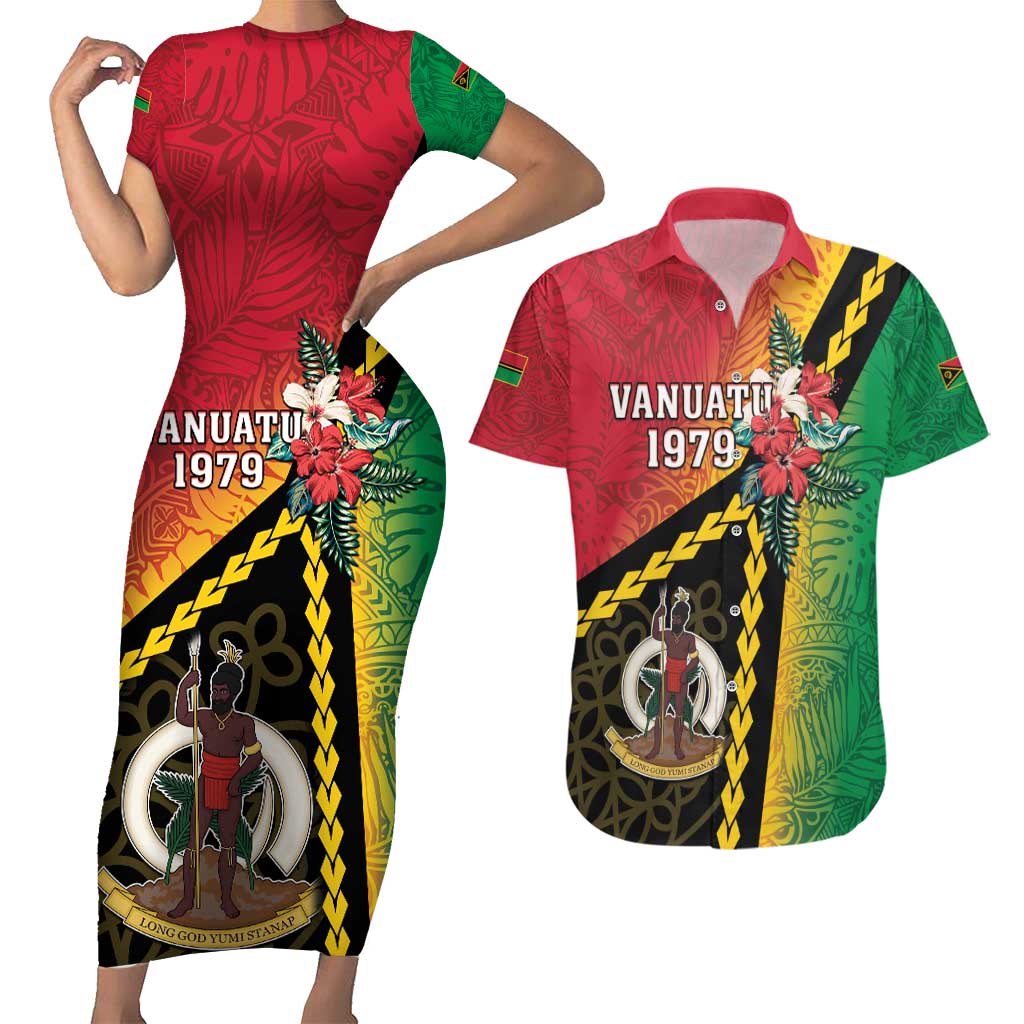 Happy Vanuatu Constitution Day Couples Matching Short Sleeve Bodycon Dress and Hawaiian Shirt Flag Style With Sand Drawing Pattern LT05 Red - Polynesian Pride