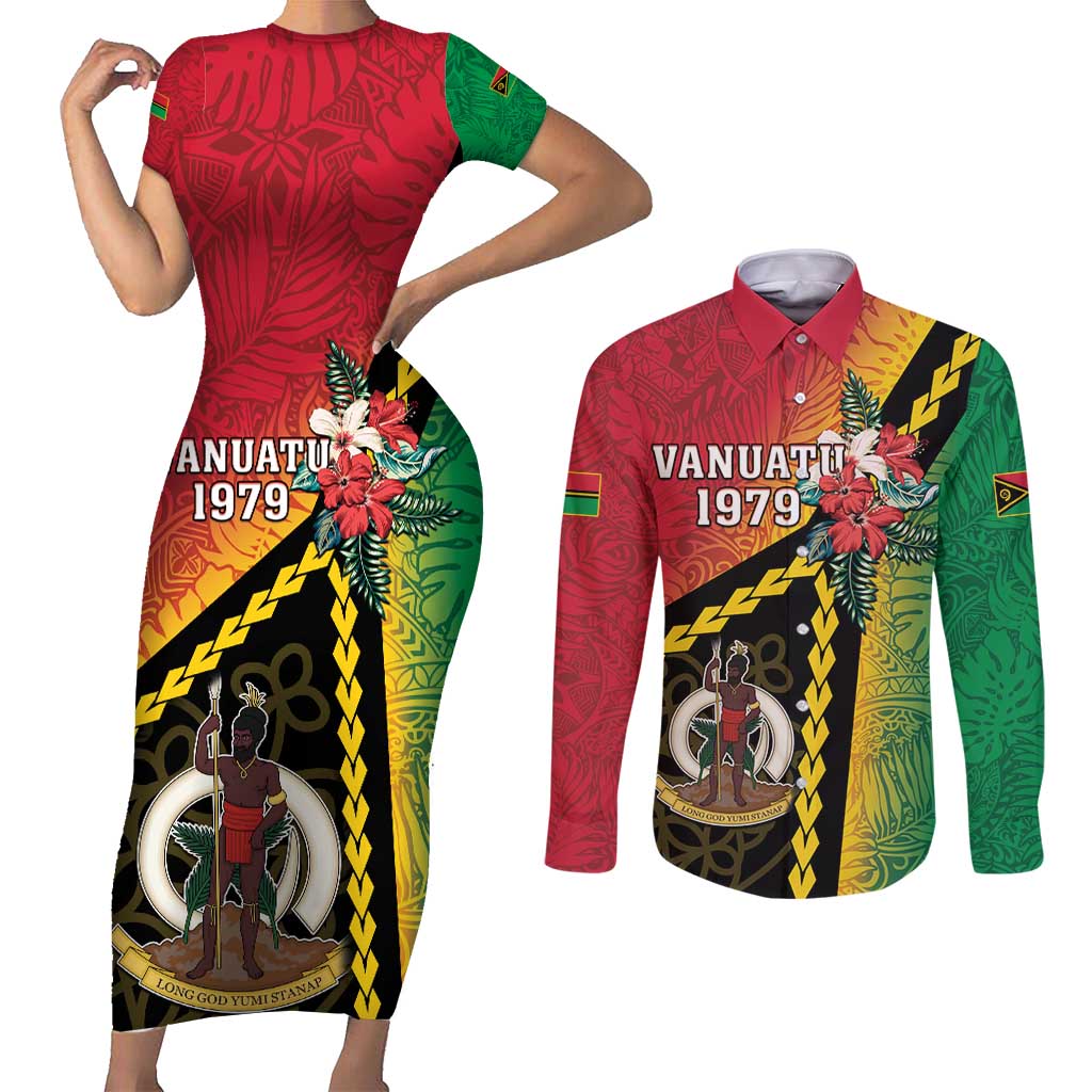 Happy Vanuatu Constitution Day Couples Matching Short Sleeve Bodycon Dress and Long Sleeve Button Shirt Flag Style With Sand Drawing Pattern