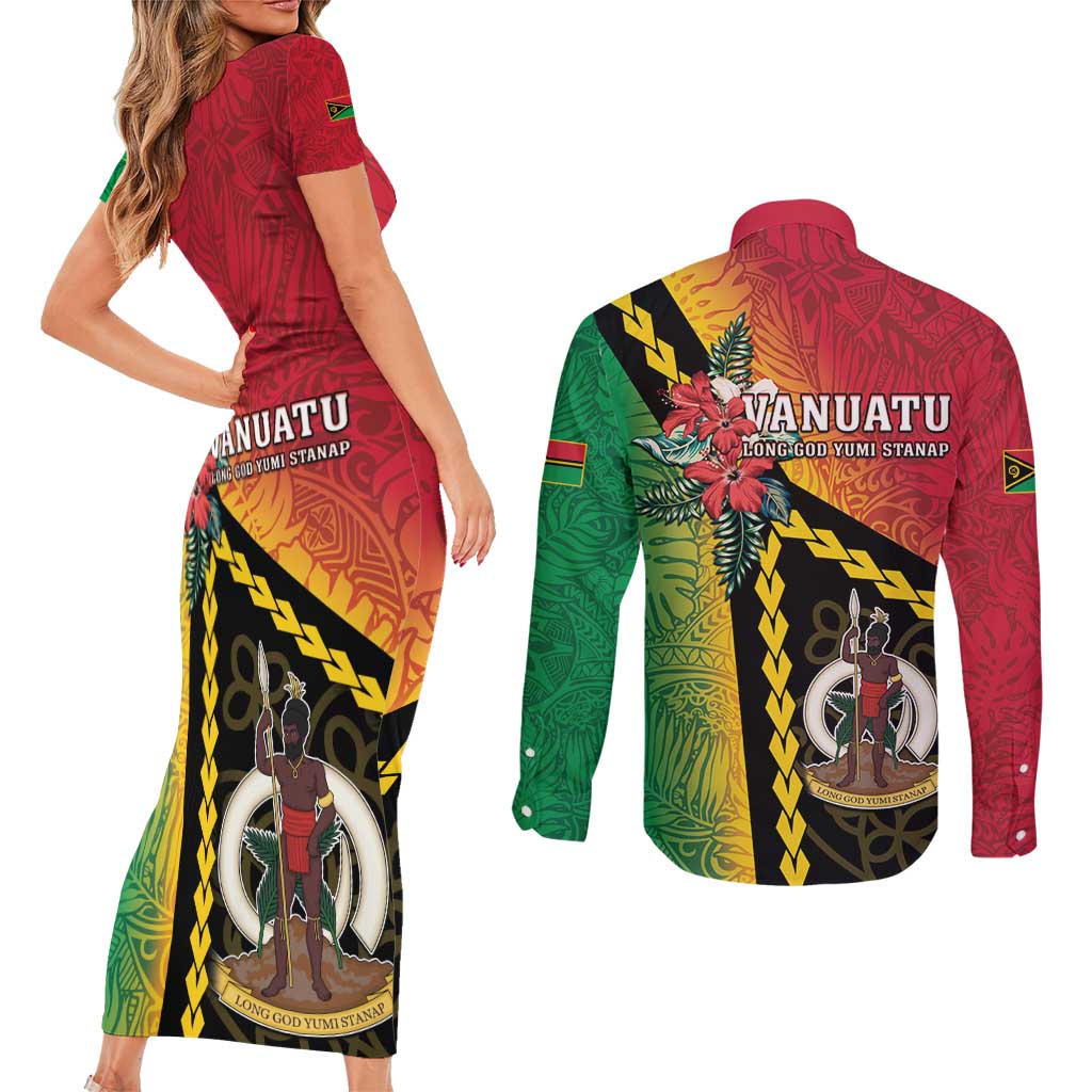 Happy Vanuatu Constitution Day Couples Matching Short Sleeve Bodycon Dress and Long Sleeve Button Shirt Flag Style With Sand Drawing Pattern LT05 - Polynesian Pride