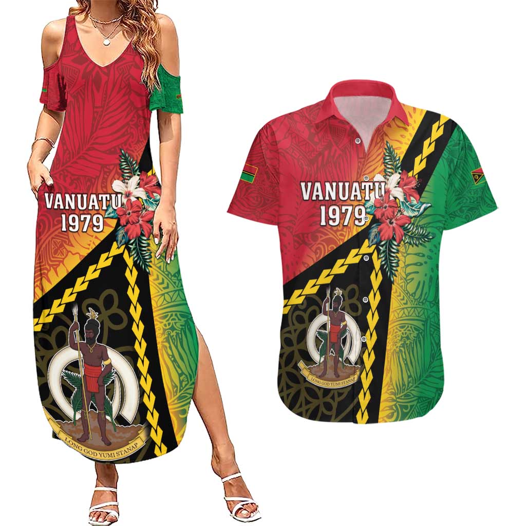 Happy Vanuatu Constitution Day Couples Matching Summer Maxi Dress and Hawaiian Shirt Flag Style With Sand Drawing Pattern