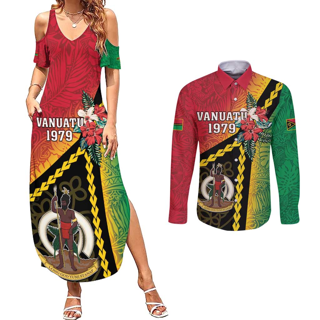 Happy Vanuatu Constitution Day Couples Matching Summer Maxi Dress and Long Sleeve Button Shirt Flag Style With Sand Drawing Pattern LT05 Red - Polynesian Pride
