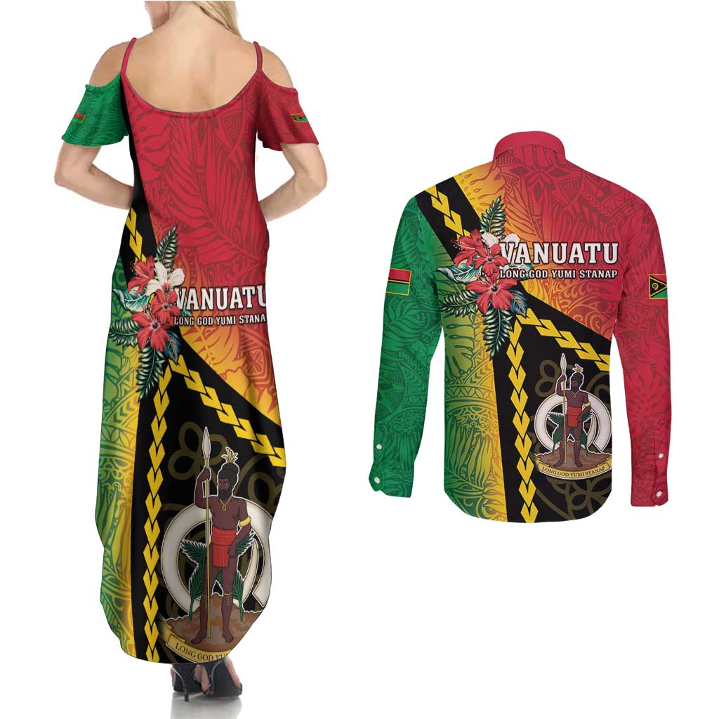 Happy Vanuatu Constitution Day Couples Matching Summer Maxi Dress and Long Sleeve Button Shirt Flag Style With Sand Drawing Pattern LT05 - Polynesian Pride