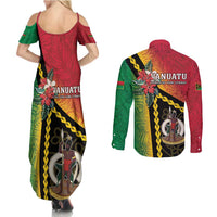 Happy Vanuatu Constitution Day Couples Matching Summer Maxi Dress and Long Sleeve Button Shirt Flag Style With Sand Drawing Pattern LT05 - Polynesian Pride