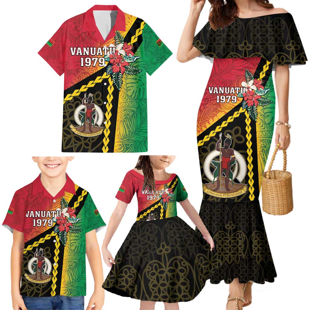 Happy Vanuatu Constitution Day Family Matching Mermaid Dress and Hawaiian Shirt Flag Style With Sand Drawing Pattern