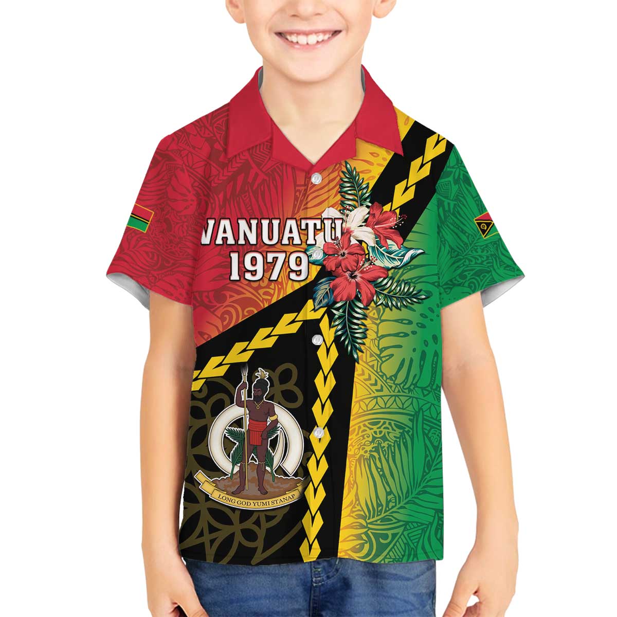 Happy Vanuatu Constitution Day Family Matching Off The Shoulder Long Sleeve Dress and Hawaiian Shirt Flag Style With Sand Drawing Pattern