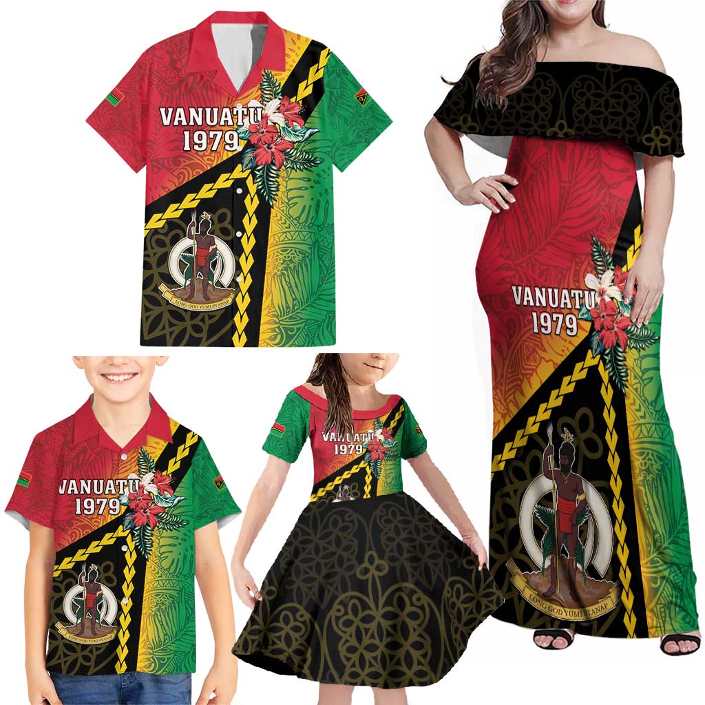 Happy Vanuatu Constitution Day Family Matching Off Shoulder Maxi Dress and Hawaiian Shirt Flag Style With Sand Drawing Pattern