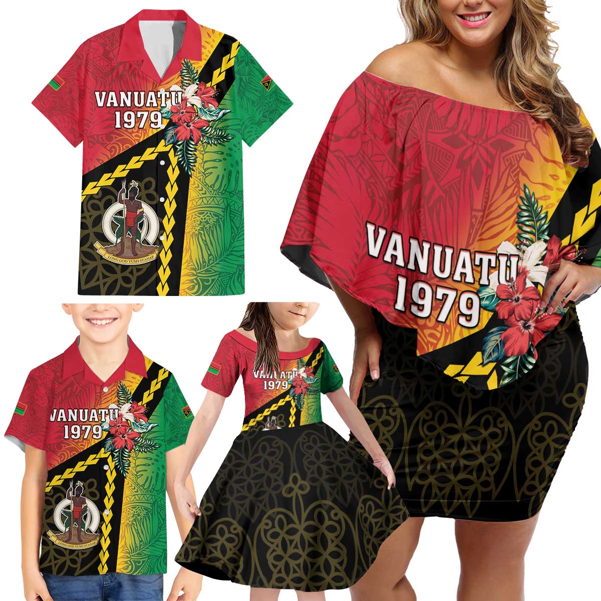 Happy Vanuatu Constitution Day Family Matching Off Shoulder Short Dress and Hawaiian Shirt Flag Style With Sand Drawing Pattern LT05 - Polynesian Pride