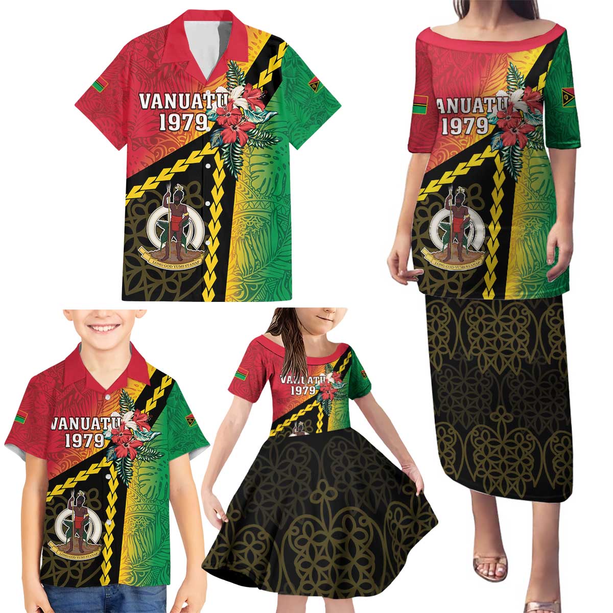 Happy Vanuatu Constitution Day Family Matching Puletasi and Hawaiian Shirt Flag Style With Sand Drawing Pattern