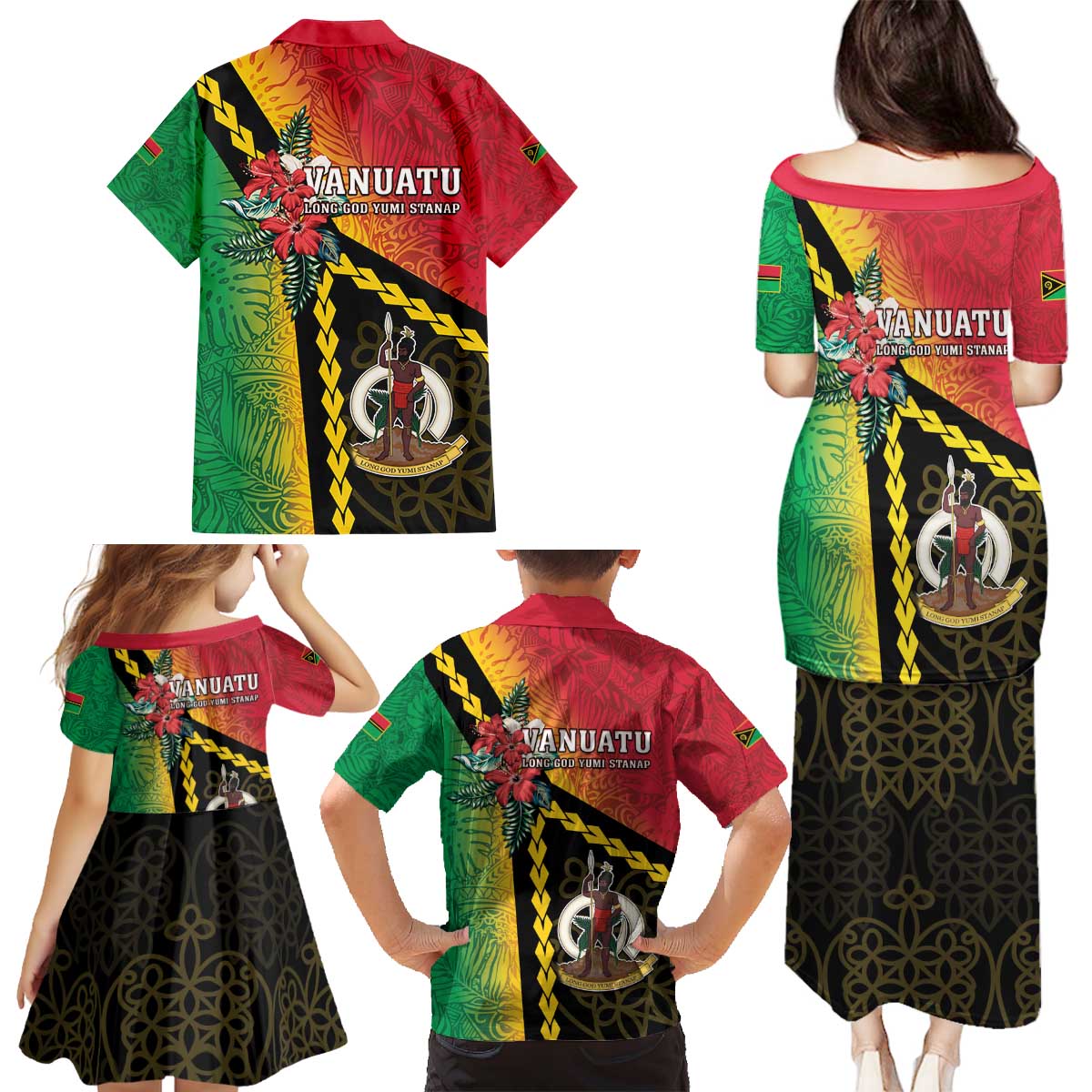 Happy Vanuatu Constitution Day Family Matching Puletasi and Hawaiian Shirt Flag Style With Sand Drawing Pattern LT05 - Polynesian Pride