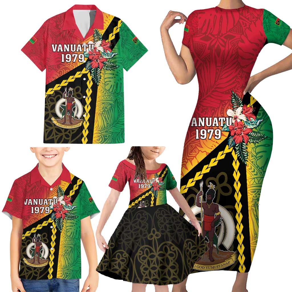 Happy Vanuatu Constitution Day Family Matching Short Sleeve Bodycon Dress and Hawaiian Shirt Flag Style With Sand Drawing Pattern