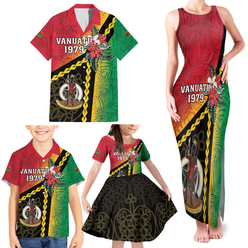 Happy Vanuatu Constitution Day Family Matching Tank Maxi Dress and Hawaiian Shirt Flag Style With Sand Drawing Pattern