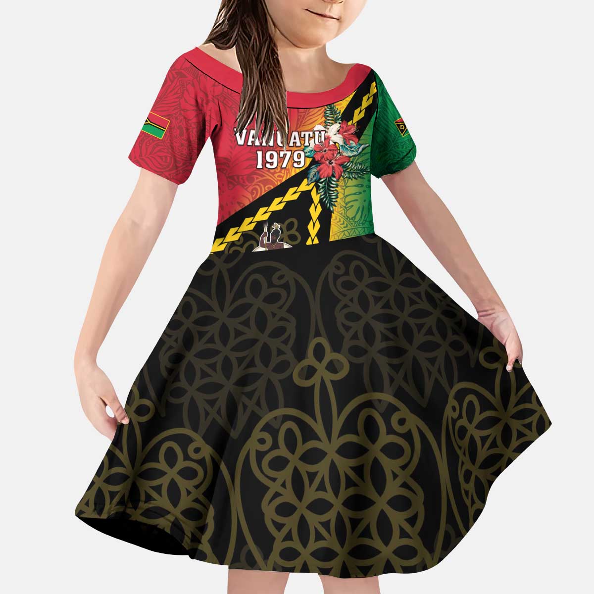 Happy Vanuatu Constitution Day Kid Short Sleeve Dress Flag Style With Sand Drawing Pattern