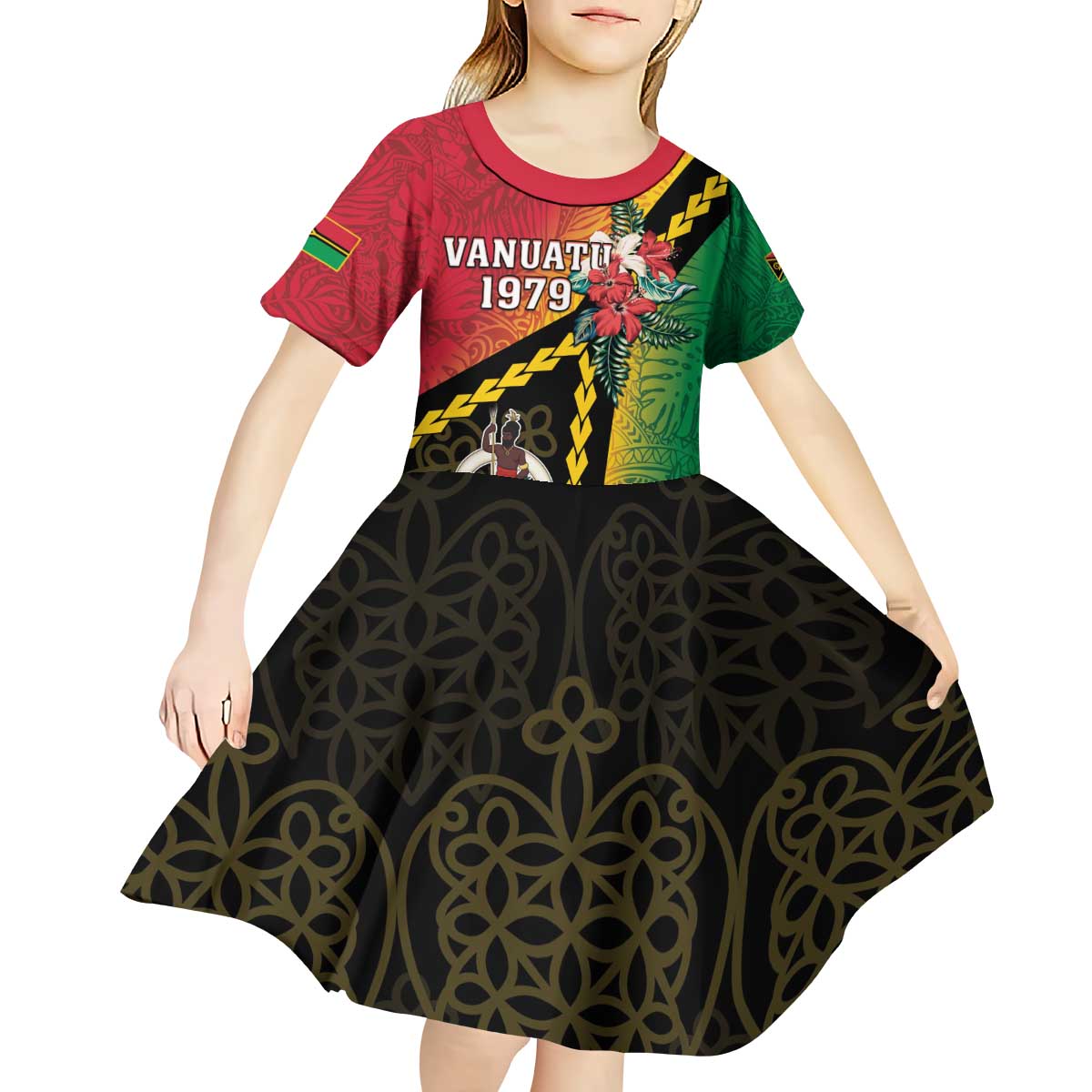 Happy Vanuatu Constitution Day Kid Short Sleeve Dress Flag Style With Sand Drawing Pattern