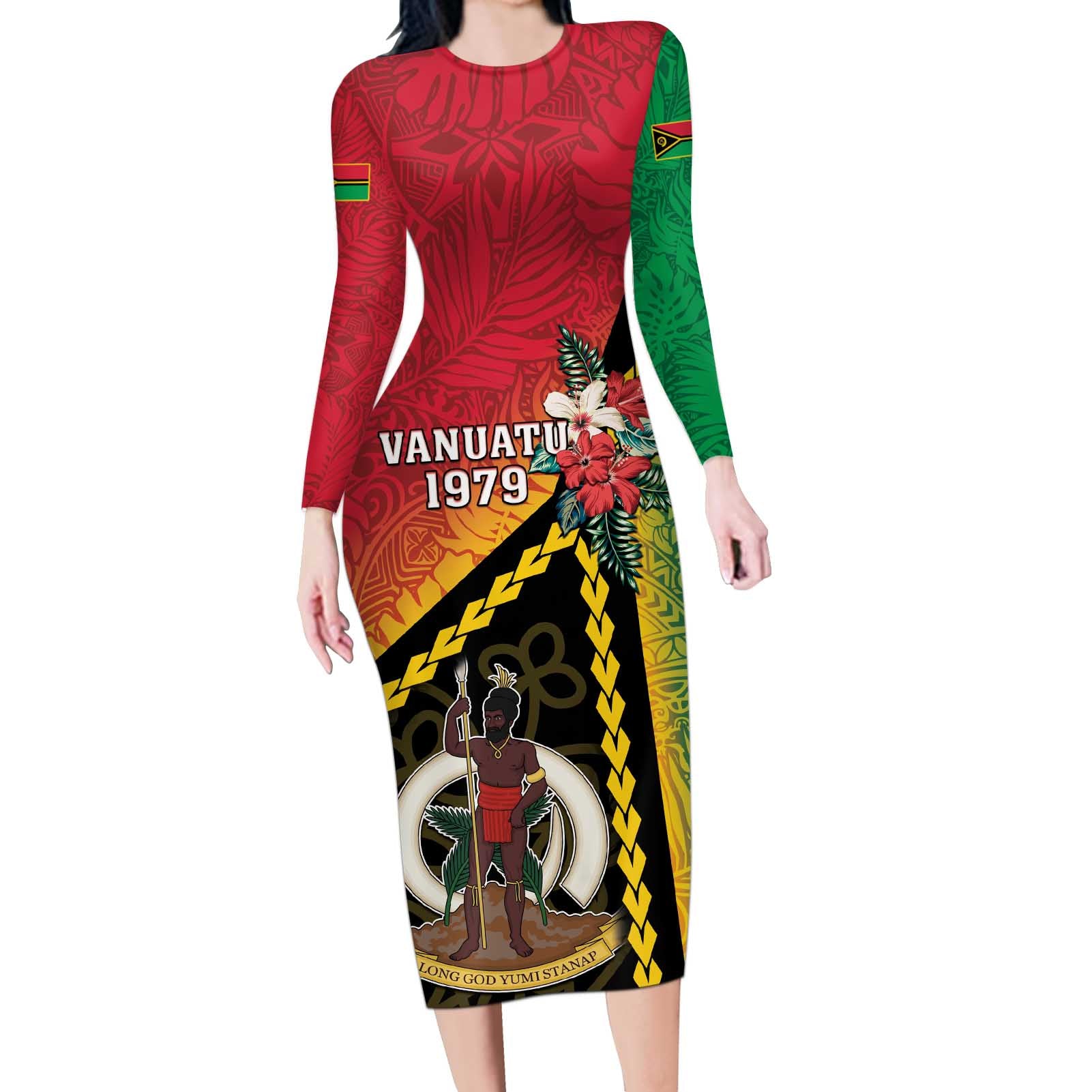 Happy Vanuatu Constitution Day Long Sleeve Bodycon Dress Flag Style With Sand Drawing Pattern