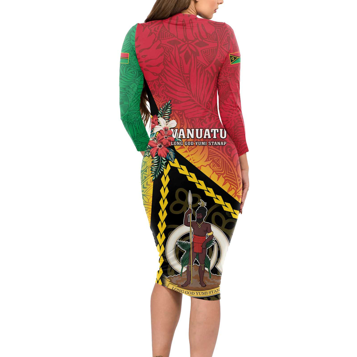 Happy Vanuatu Constitution Day Long Sleeve Bodycon Dress Flag Style With Sand Drawing Pattern