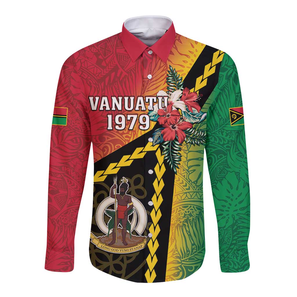 Happy Vanuatu Constitution Day Long Sleeve Button Shirt Flag Style With Sand Drawing Pattern