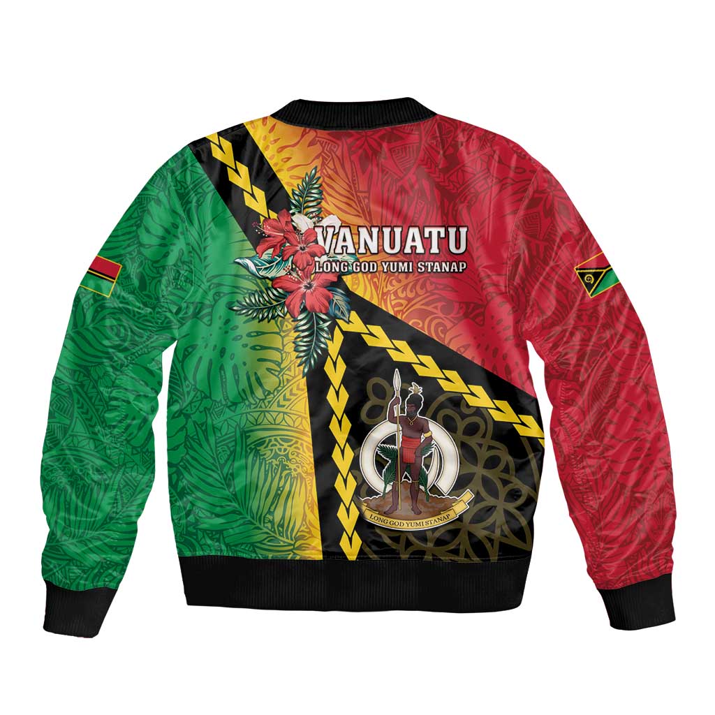 Happy Vanuatu Constitution Day Sleeve Zip Bomber Jacket Flag Style With Sand Drawing Pattern