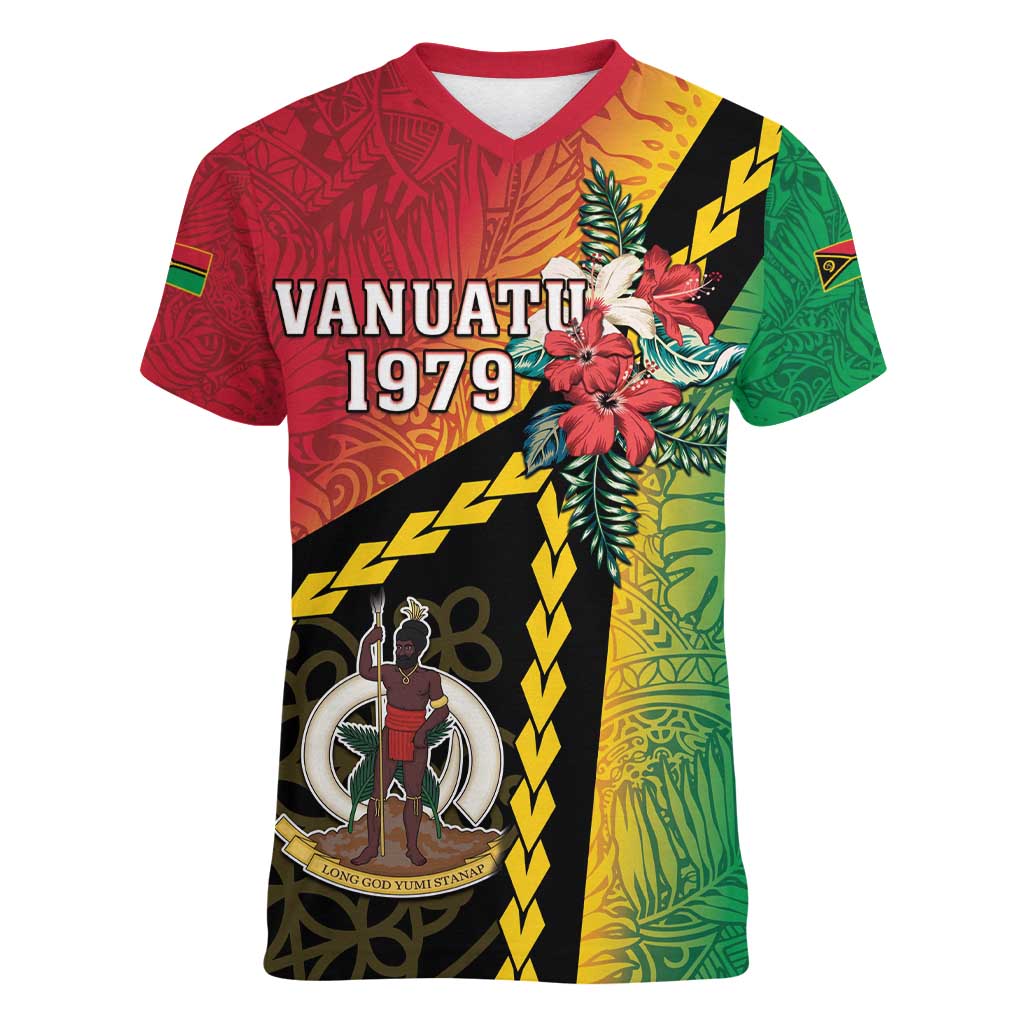 Happy Vanuatu Constitution Day Women V-Neck T-Shirt Flag Style With Sand Drawing Pattern