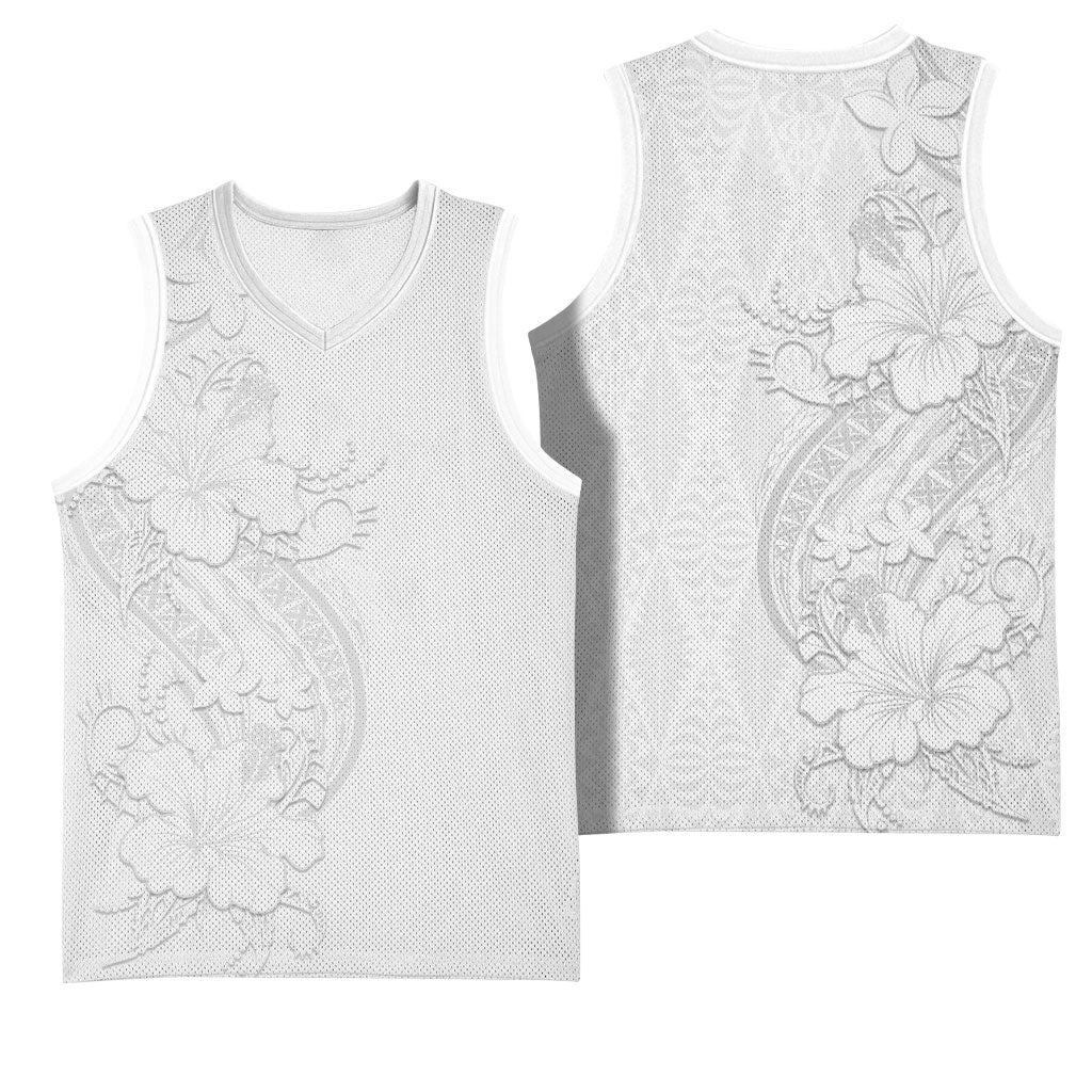 Tokelau White Sunday Basketball Jersey Elegant Hibiscus Polynesian Tribal Pattern LT05 - Polynesian Pride