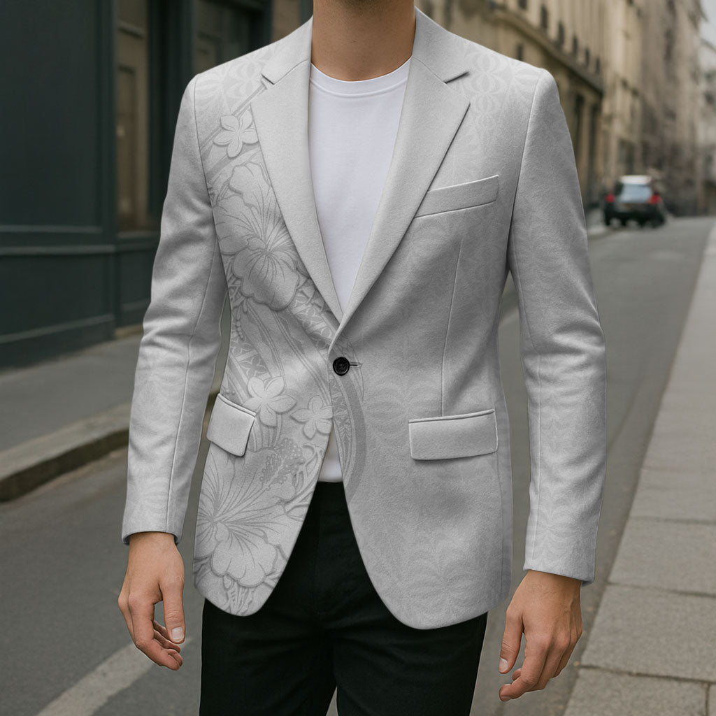 Tokelau White Sunday Blazer Elegant Hibiscus Polynesian Tribal Pattern