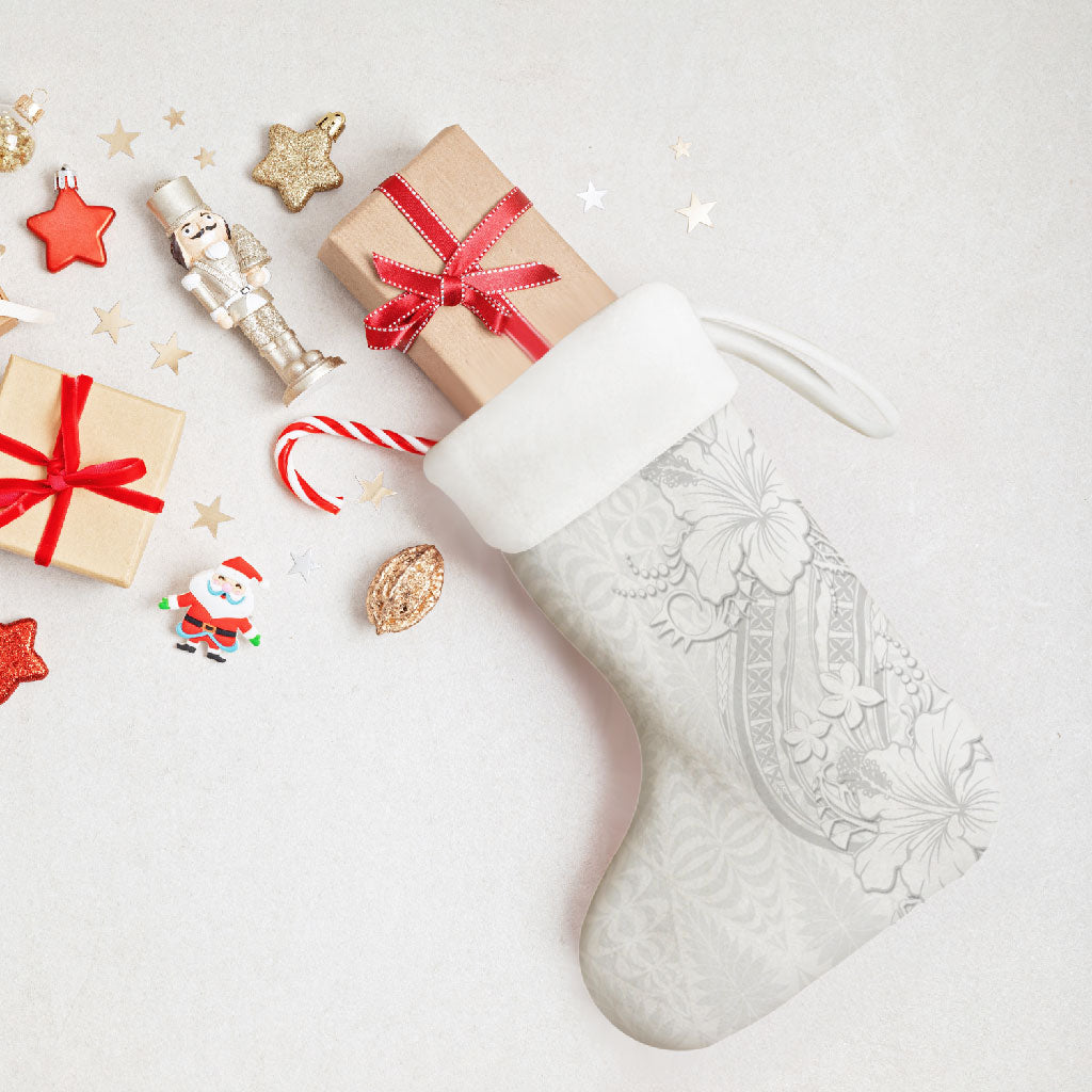 Tokelau White Sunday Christmas Stocking Elegant Hibiscus Polynesian Tribal Pattern LT05 - Polynesian Pride