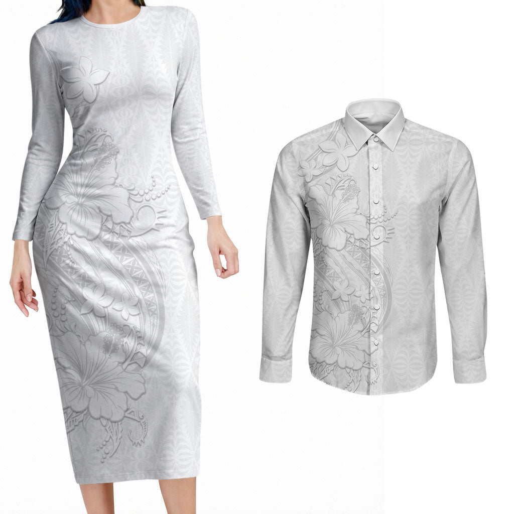 Tokelau White Sunday Couples Matching Long Sleeve Bodycon Dress and Long Sleeve Button Shirt Elegant Hibiscus Polynesian Tribal Pattern LT05 White - Polynesian Pride