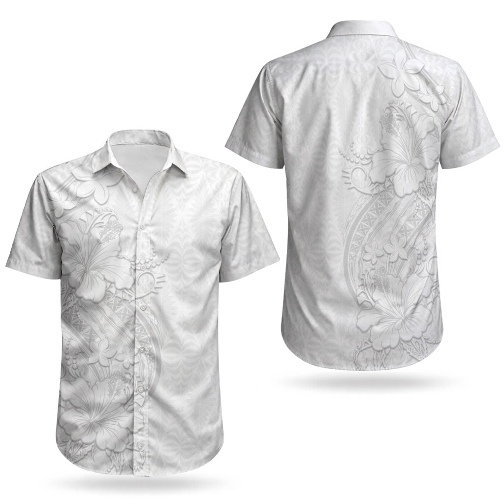 Tokelau White Sunday Couples Matching Off Shoulder Short Dress and Hawaiian Shirt Elegant Hibiscus Polynesian Tribal Pattern