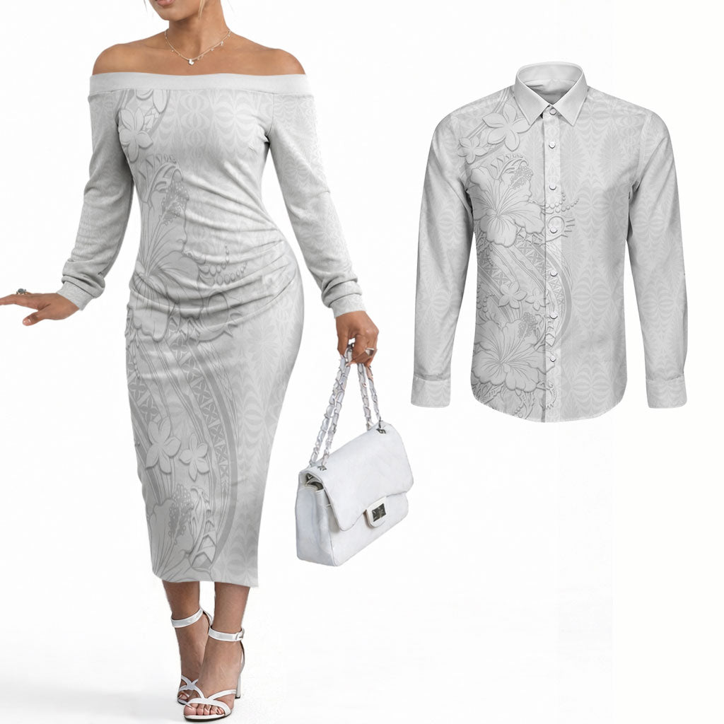 Tokelau White Sunday Couples Matching Off The Shoulder Long Sleeve Dress and Long Sleeve Button Shirt Elegant Hibiscus Polynesian Tribal Pattern LT05 White - Polynesian Pride