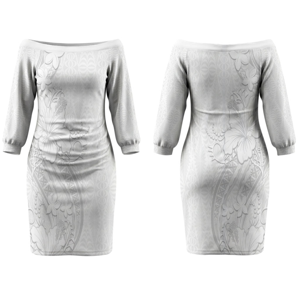 Tokelau White Sunday Couples Matching Off The Shoulder Long Sleeve Dress and Long Sleeve Button Shirt Elegant Hibiscus Polynesian Tribal Pattern