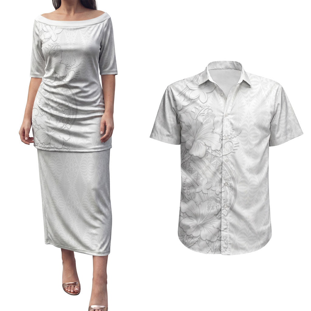 Tokelau White Sunday Couples Matching Puletasi and Hawaiian Shirt Elegant Hibiscus Polynesian Tribal Pattern LT05 White - Polynesian Pride