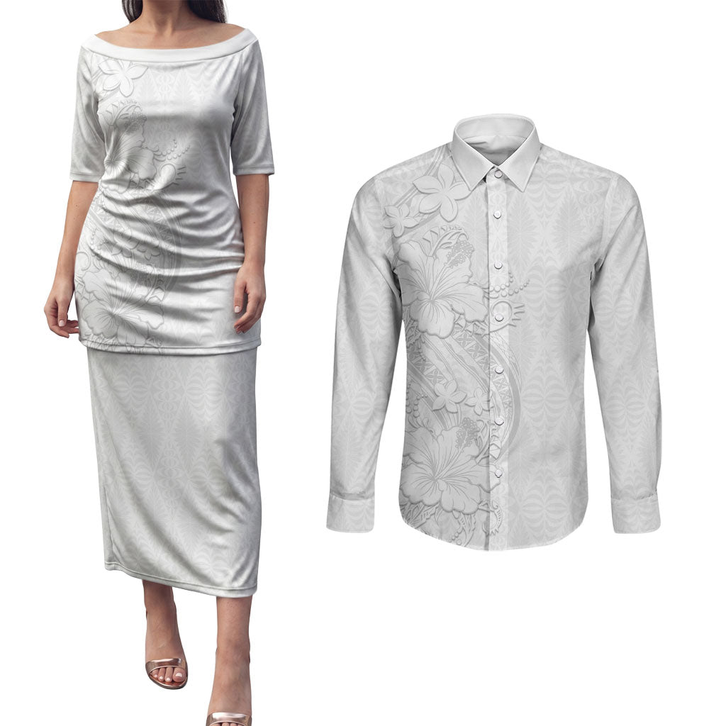 Tokelau White Sunday Couples Matching Puletasi and Long Sleeve Button Shirt Elegant Hibiscus Polynesian Tribal Pattern LT05 White - Polynesian Pride