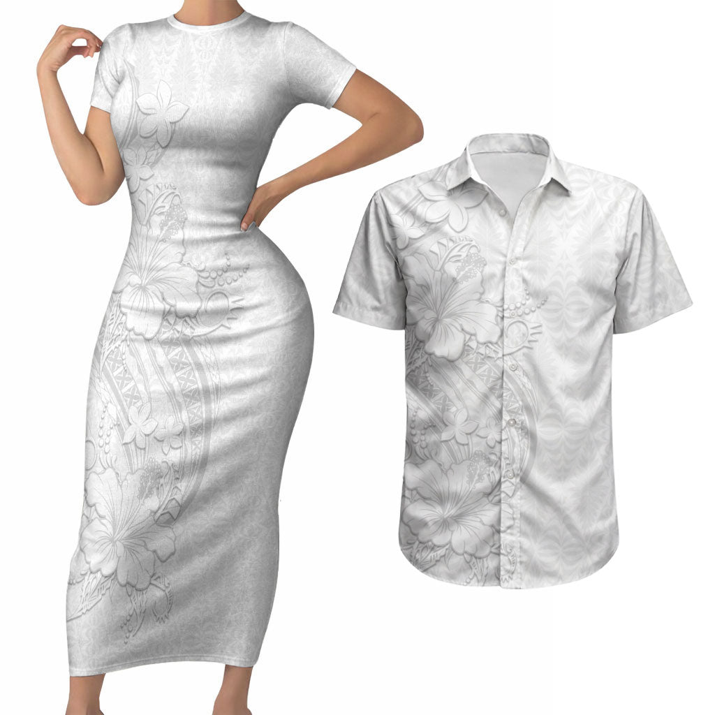 Tokelau White Sunday Couples Matching Short Sleeve Bodycon Dress and Hawaiian Shirt Elegant Hibiscus Polynesian Tribal Pattern LT05 White - Polynesian Pride